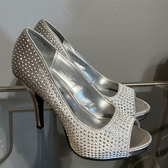Rampage Shoes - Rampage Gimme silver studded, open toed heels, size 6M.